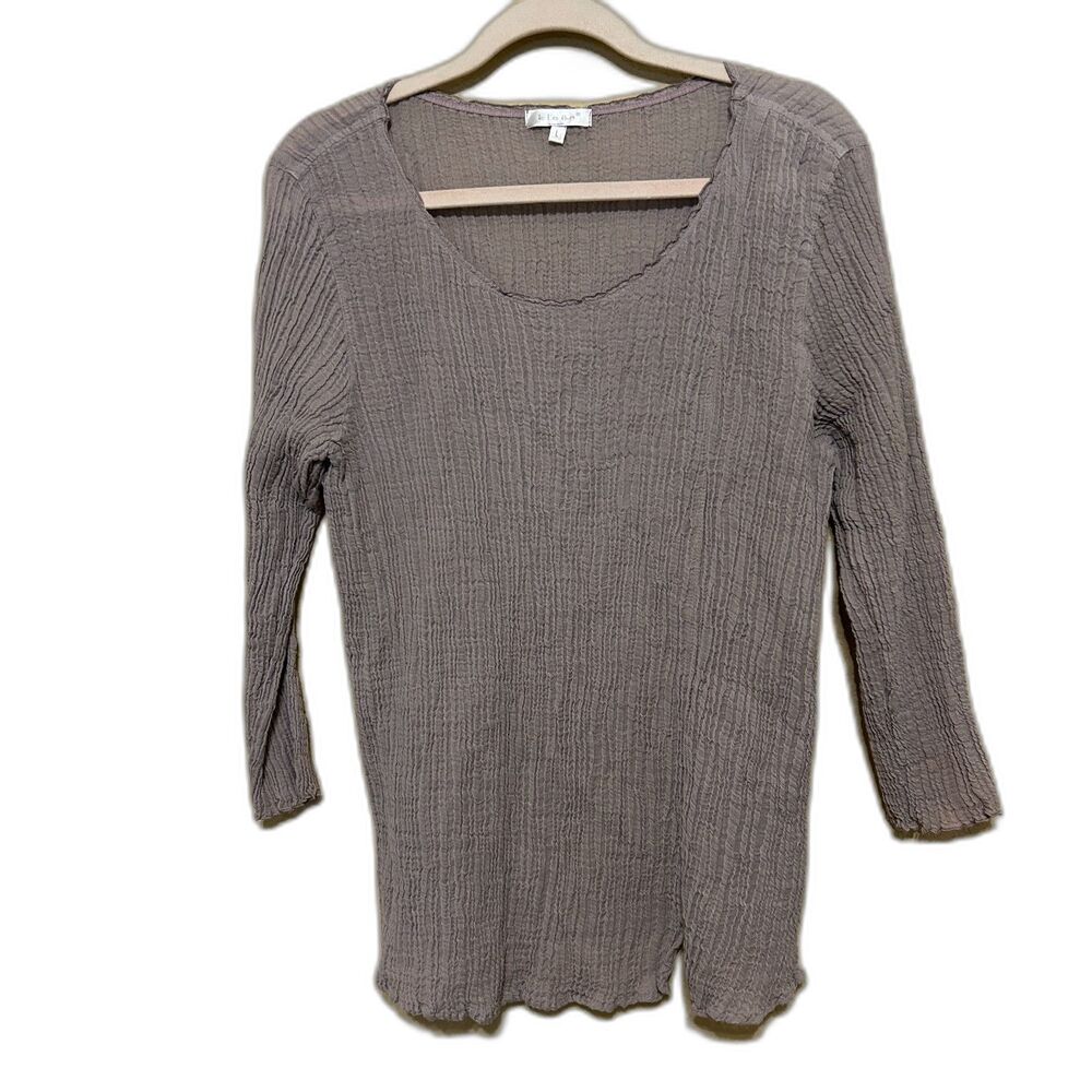 Kleen Crinkle Textured Top Womens Large Taupe Brown Scoop Neck 3/4 Sleeve